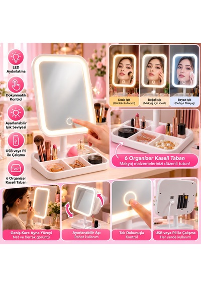 Yumurcak Shop Dokunmatik Led Işıklı Kare Makyaj Aynası Altı Organizer Kaseli, Ayarlanabilir Aydınlatmalı Masaüstü Makyaj Ve Cilt Bakım Aynası 15x25cm Yumurcak Shop Dokunmatik Led Işıklı Kare Makyaj Aynası Altı Organizer Kaseli, Ayarlanabilir Aydınlatmalı Masaüstü Makyaj Ve Cilt Bakım Aynası 15x25cm