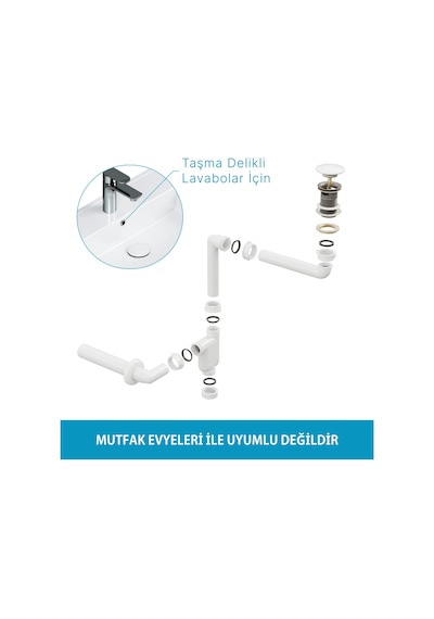 Aqua Bagno Comfort Yer Kazandıran Lavabo Sifonu + Pop-up Sifon, Beyaz Seramik Başlıklı ,taşma Delikli, 1 -1/4 Beyaz