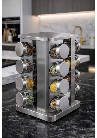 Makri Home 16'lı Döner Baharatlık Seti Krom Kare Stantlı 118 Ml Cam Kavanoz 360 Döner 29x20 Cm Diğer