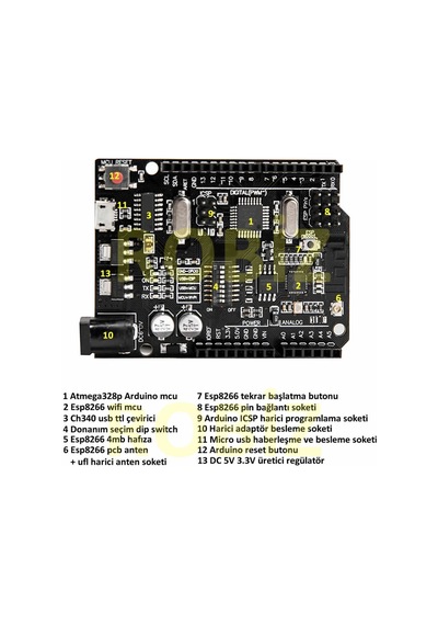 Arduino Uno R3 Wifi Esp8266 Ch340 Micro Usb 32mbit Kablosuz Internet Kod Geliştirme Eğitim Kartı