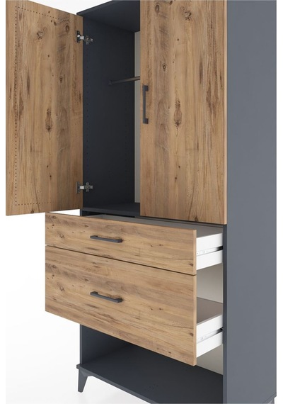 Hyperion Dolap Tek Raflı 2 Çekmeceli Tek Askılı 88x44x195 Antrasit-çam Antrasit