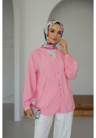 Moonsc Kadın Regular Fit V Yaka Önü Brit Detaylı Tesettür Pembe Gömlek