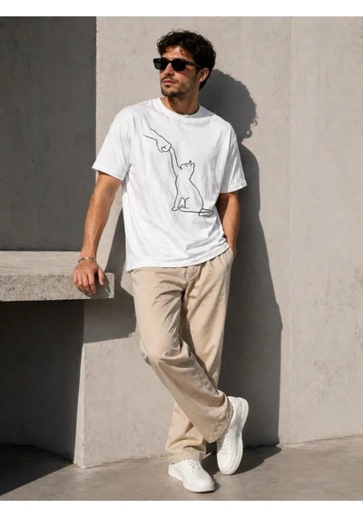 Efnaz Style Erkek Minimal Kedi Çizim Baskılı Tişört Kısa Kol Yazlık T-shirt - Beyaz