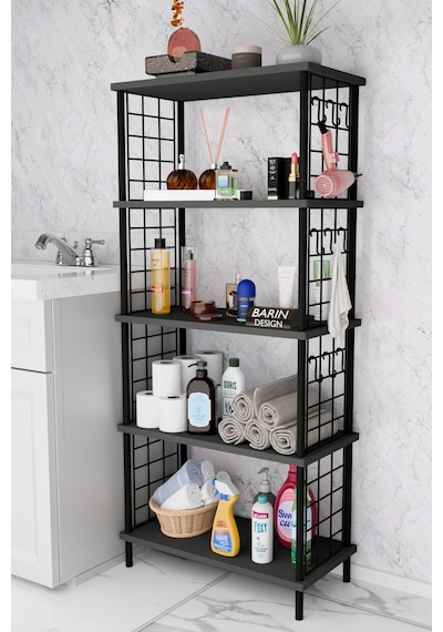 5 Raflı Çevir-kur Raf Ünitesi Telli Metal Gövdeli Organizer Banyo, Mutfak, Balkon, Antre Uyumlu Antrasit
