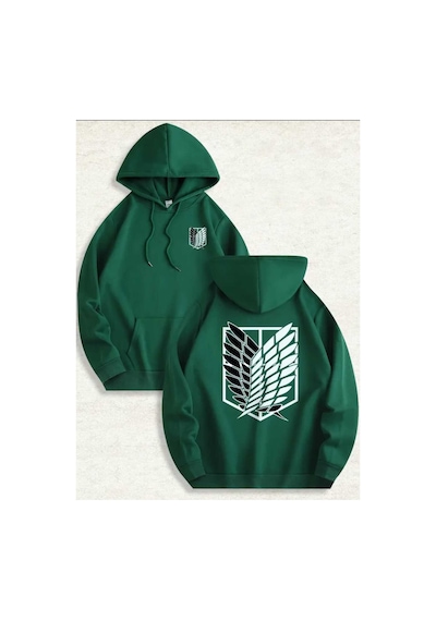 Caddekombin Aot Keşif Birliği Arka Göğüs Baskılı Kapüşonlu Cepli İçi Yünlü Yeşil Sweatshirt Yeşil