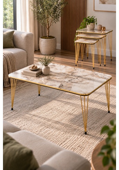 Sulorahome 4'lü Sehpa Seti Mermer Desenli Beyaz Ve Gold Metal Ayaklı Tablalar Beyaz Mermer / Ayaklar Gold
