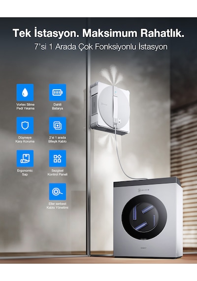 Ecovacs Winbot W3 Omni Cam Silme Robotu Ve Cam Silme Solüsyonu Gri
