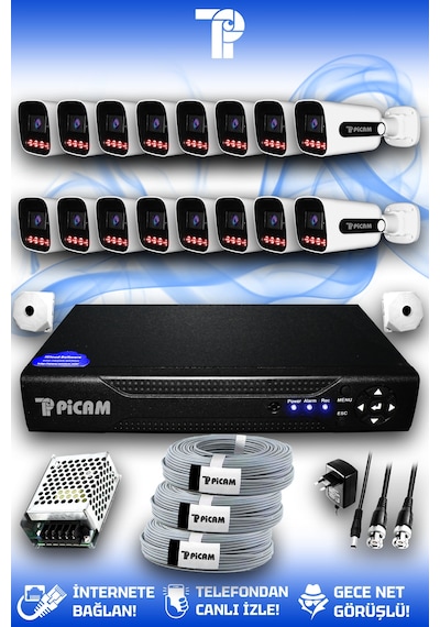 Picam 16 Kameralı Zebra 16 Dış Kamera Set Hdd'siz 5 Mp 2k Net Gece Görüşlü Güvenlik Kamerası Sistemi
