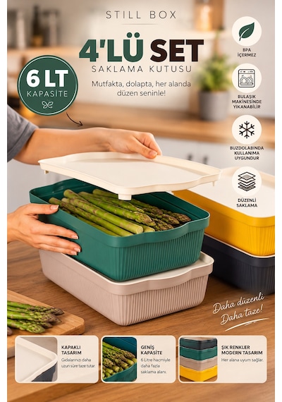 Porsima 4517 Mix Still Box 4'lü Kapaklı Saklama Kabı Seti 6 Lt Mutfak, Buzdolabı & Dolap İçi Düzenleyici Kutu Çok Renkli