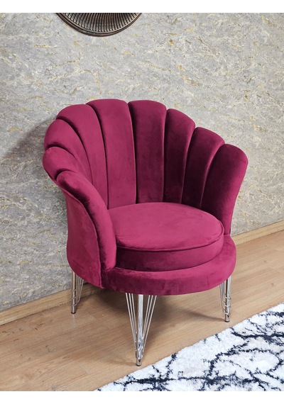 Zafir Tekli İstiridye Krom Kaplama Telli Ayak Çay Seti Koltuk Tekli Berjer , Balkon, Salon, Ofis Bordo