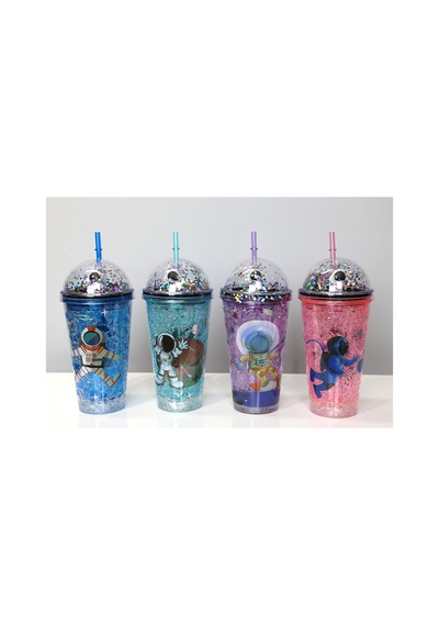 10 Adet Sevimli Astronot Işıklı Pipetli Pullu Suluk Bardak 400 Ml Çocuk İçme Şişesi, Pipetli Cup, Işıklı Water Bottle, Okul Seyahat