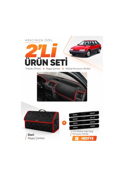 E-biz Rover 214 1989-1999 Uyumlu Torpido Örtüsü + Deri Bagaj Çantası Seti - Siyah-kırmızı - Ro001