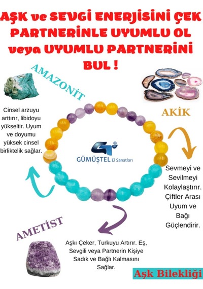 Gümüştel El Sanatları Sertifikalı Aşk,sevgi,çiftler Arası Uyum Doğal Taş Tılsım Bilekliği Amazonit, Akik Ve Ametist Çok Renkli