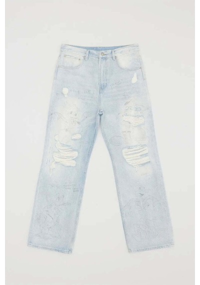 Domrebel Quack Bootcut Jeans: Özgün Dom Rebel Tasarımlı Rahat Kesim Yırtık Kot Pantolonlar Açık Mavi