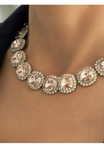 Riviere Kristal Taşlı Çiçek Model Pembe Renkli Kolye Küpe Set