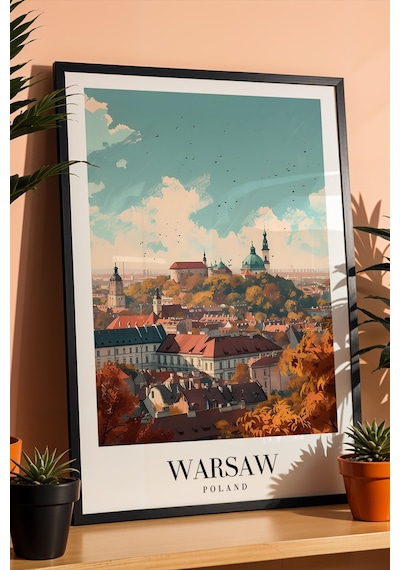 Warsaw Poland Vintage Seyahat Posteri Çerçeveli Tablo - Premium Varşova Elit Duvar Dekoru Siyah