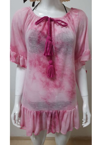 Mayomer Kadın Pembe Batik Desenli Mayo Üstü Elbise Plaj Elbisesi Pareo Pembe