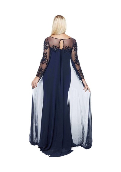Moda Berray 8028 Uzun Kollu Arkası Şifon Kuyruklu Abiye Elbise Lacivert Lacivert