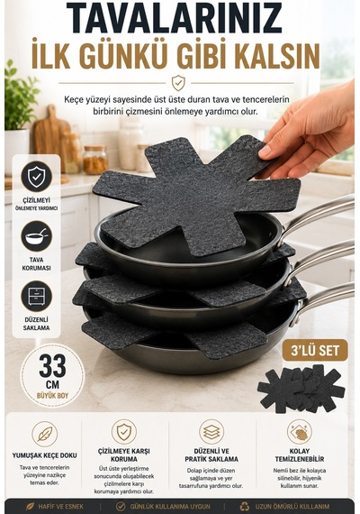 3'lü Antrasit Tava Çizdirmez Keçe Koruyucu 33 Cm Tava Tencere Ayırıcı Çizik Önleyici Organizer Set