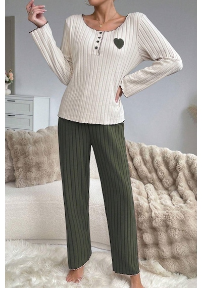 Bella Notte Nakışlı Yeşil Pamuklu Kalp Detaylı Pijama Takımı Haki