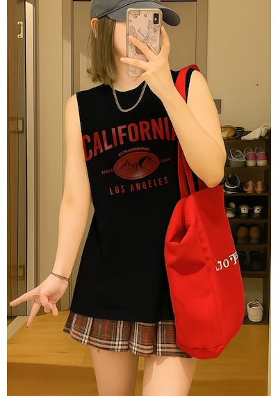 California Baskılı Siyah Kolsuz Atlet Kadın Sıfır Kol Oversize T-shirt Siyah