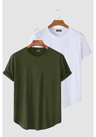 2'li Erkek Haki-Beyaz Kolları Katlı Oval Kesim Cepsiz Bisiklet Yaka T-shirt Haki- Beyaz