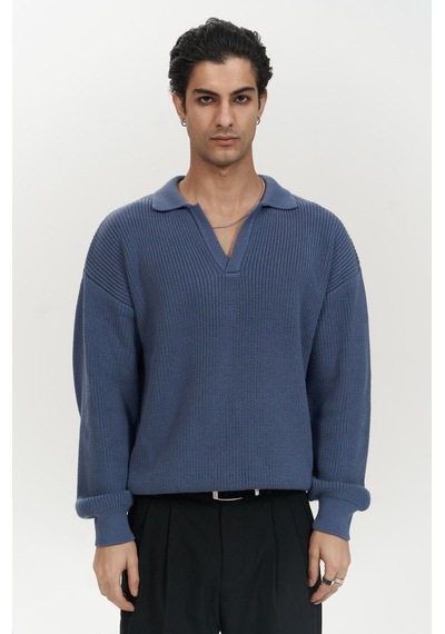 Mai Collection Mai Studios Co. Magnus Polo Yaka İndigo Erkek Triko Kazak İndigo