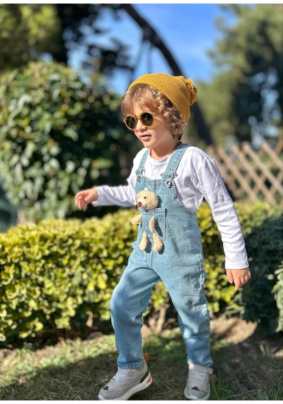 Jolly Kids Erkek Çocuk 2-10 Yaş Mavi Peluş Ayıcıklı Kot Salopet Mavi