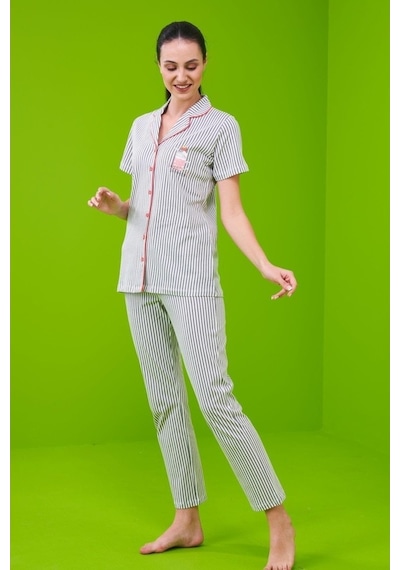 Pjs 23151 Kadın Çizgili Düğmeli Pijama Takım