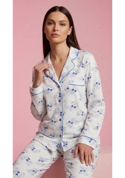 Divinus Tavşan Desenli Gömlek Yakalı Beyaz/mavi Kadın Pijama Takımı Beyaz - Mavi