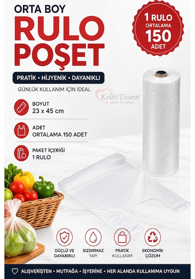 Rulo Poşet Orta Boy Hışır Atlet Poşet Beyaz Poşet Market Manav Poşeti Çöp Poşeti