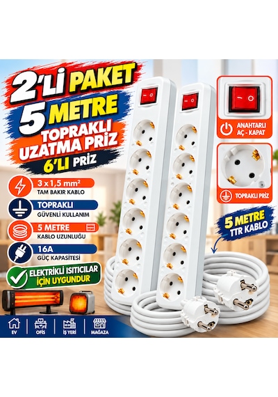 2'li Paket 5 Metre 6'lı Topraklı Anahtarlı Uzatma Priz 16a 3x1,5 Mm² Tam Bakır Ttr Kablo Aç Kapat Düğmeli Elektrikli Isıtıcı Uyumlu 5 m