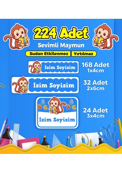 Sevimli Maymun Temalı Okul Kreş Kişiye Özel İsim Etiket Seti - Model 181 Çok Renkli