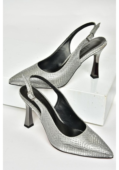 Fox Shoes U676089207 Platin Yılan Baskı İnce Topuklu Kadın Ayakkabı Platin