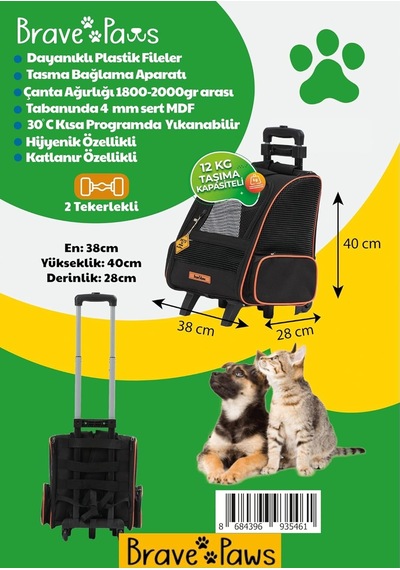Brave Paws 2 Tekerlekli Plastik Fileli Kedi Ve Köpek Taşıma Çantası Çekçek Mekanizmalı Yıkanabilir Siyah