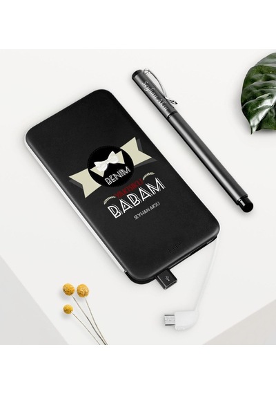 Kişiye Özel Benim Yakışıklı Babam Siyah 5000 Mah Powerbank Ve Kal