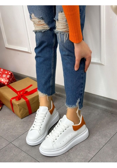 Erva'nın Butiği Beyaz Turuncu Queen Kadın Bağcıklı Sneakers-5023 Beyaz Turuncu Cilt
