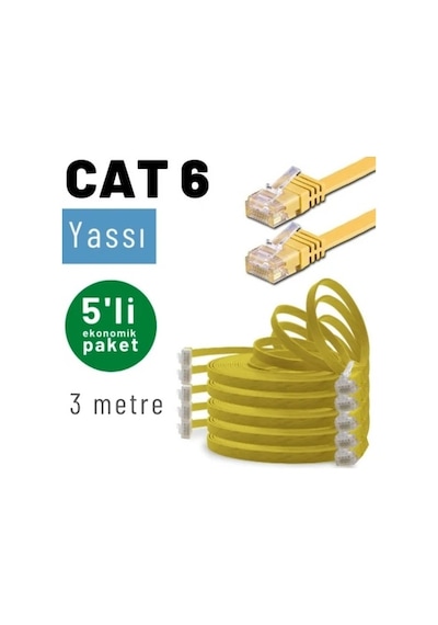 Irenıs 5 Adet 3 Metre Sarı Cat6 Kablo Yassı Ethernet Network Lan Ağ İnternet Kablosu