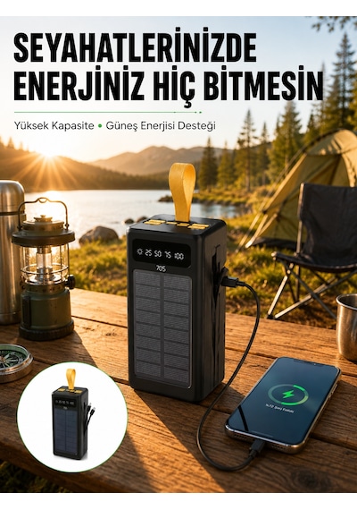 Taşınabilir Güneş Panelli Powerbank Çoklu Cihaz Şarj Destekli Yeni Nesil - Lisinya Siyah