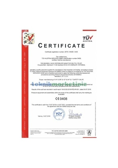 1/4" 9 Bar Sabit Basınçlı Mühürlü Yks Ce Belgeli Emniyet Ventili