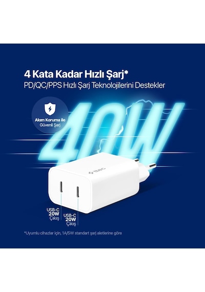 Ttec Süper Şarj Akım Korumalı 2pd Giriş Gan 40w Şarj Başlığı Samsung Apple Uyumlu iPhone 13 14 15 Pro Max Şarj Başlık