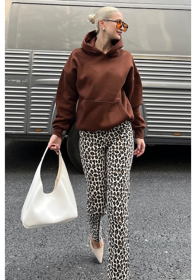 Acı Kahverengi Kapüşonlu Şardonlu Oversize Cepli Sweatshirt Mg2206
