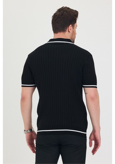 Tarz Cool Erkek Yaka Kol Etek Çizgi Detaylı Triko T-shirt Siyah