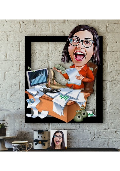 Kişiye Özel Bayan Bankacı Karikatürlü 3D Ahşap Tablo-1