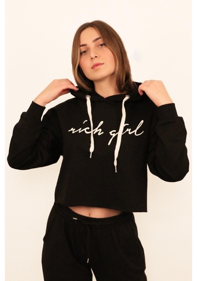 Rich Kadın Crop Sweatshirt Siyah
