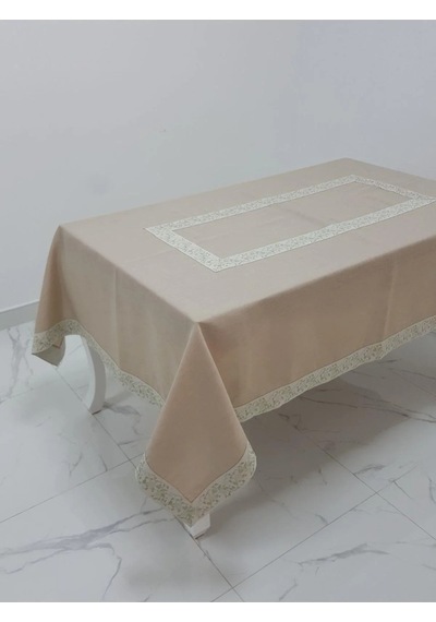 Gonca Jakar Bordürlü Keten Kumaş Bej Masa Örtüsü 160x230 Cm - 1132 Çok Renkli
