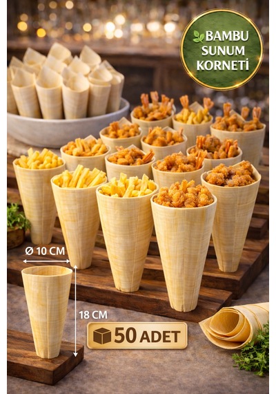 50'li Pkt Large Bambu Sunum Korneti 18x10 Cm Doğal Sunum Külahı Kokteyl Catering Finger Food Sunumluk