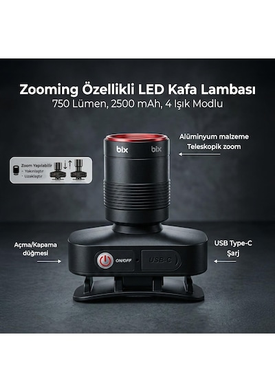 Bxt1fl Şarj Edilebilir 10w Kafa Feneri 750 Lümen, 2500 Mah, 4 Işık Modlu Zooming Özellikli Le Siyah