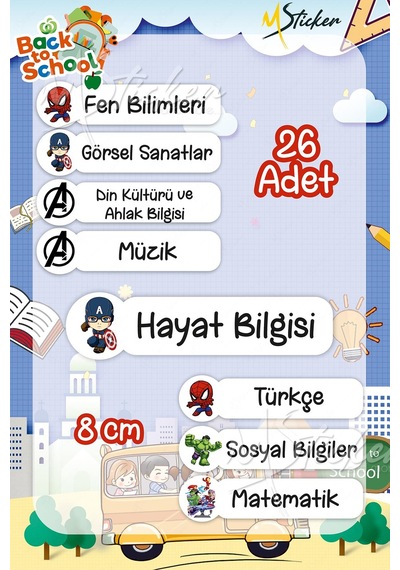 Okul Ders Etiketi Marvel Temalı 26 Adet 8 Cm Okul Ders Etiketi Diğer