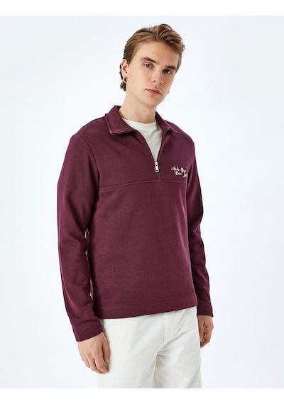 Koton Slogan İşlemeli Pamuk Karışımlı Dikiş Detaylı Yarım Fermuarlı Sweatshirt Bordo 5wam70263mk Bordo